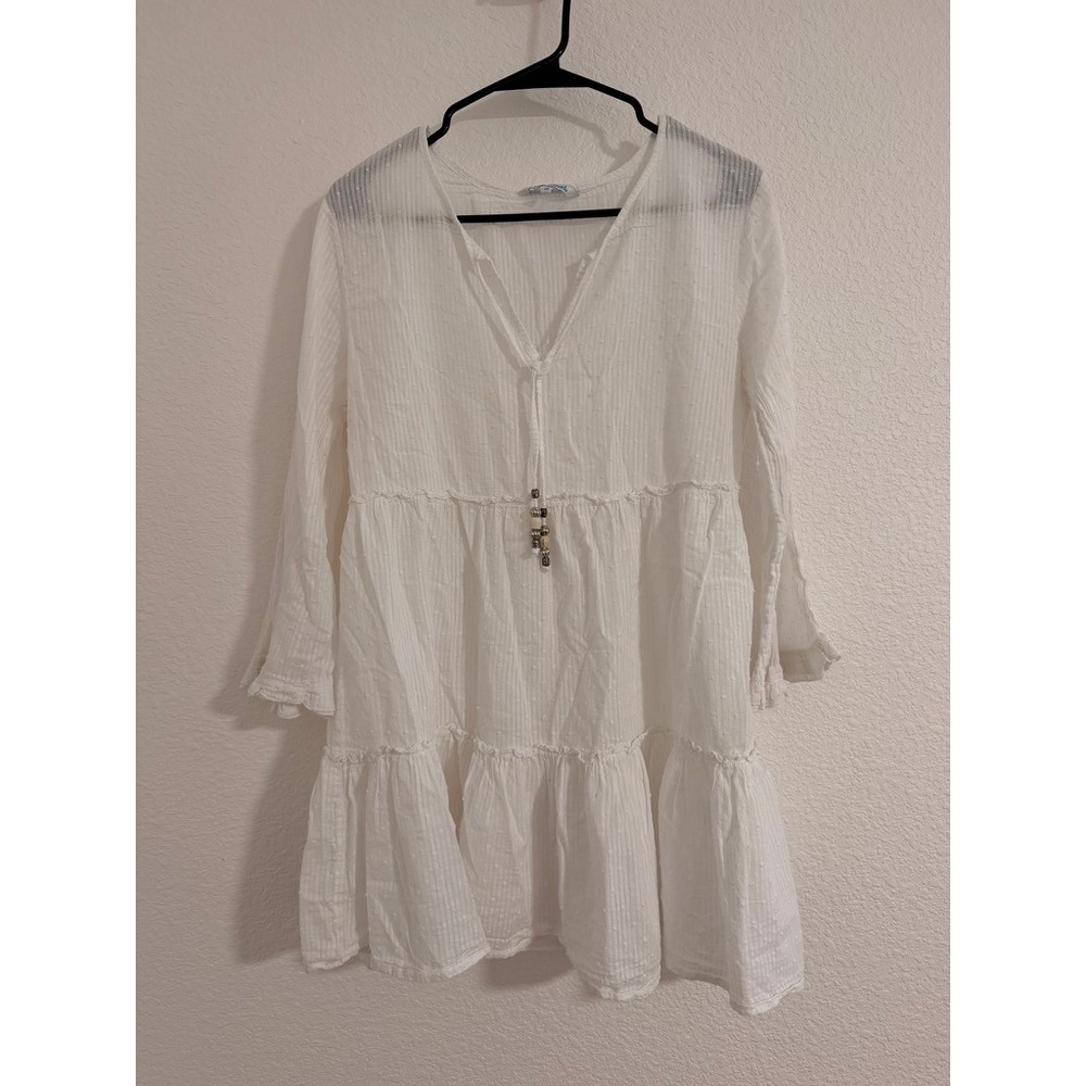 Blue Island White Cotton Gauze Tiered Boho MiniDress Tassel M Resortwear CoverUp